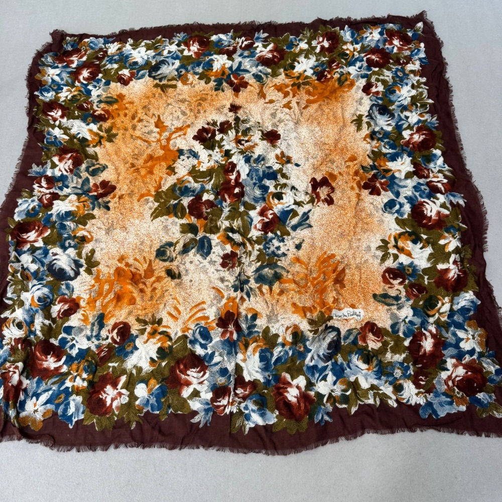 Diane Von Furstenberg Scarf Women OS Brown Floral Rayon Fringed Made in Italy
